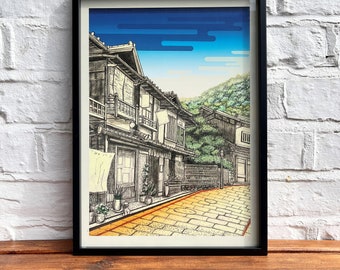 Japanese wall art - Old street from Edo period - A3 / A4 Giclée Print