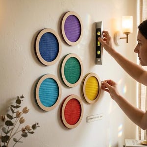 Cerchi sensoriali colorati per la cameretta dei bambini: cornici in legno dai colori pastello tenui con pannelli testurizzati, decorazioni per la stanza dei giochi, spazio per lo sviluppo della creatività.