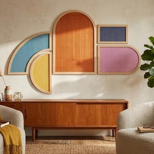 Handgemaakte houten ingelijste geweven muurhanger | Geometrische vezelkunst