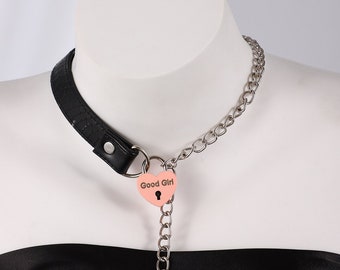 Good Girl Permanent locking collar dom sub jewelry, Engraved padlock Good Girl couples necklace dom sub jewelry