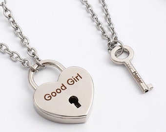 Permanent locking collar dom sub jewelry, Engraved heart lock Good girl couples necklace with key lock pendant