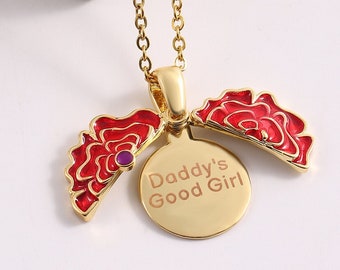 Collar de día - Collar con mensaje oculto de rosa roja, delicado colgante con inicial. Regalos de joyería para parejas.