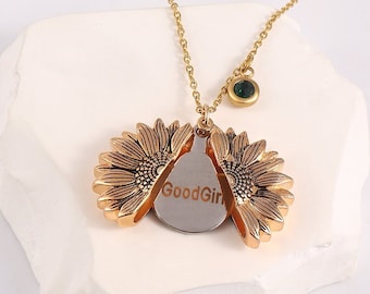 Submissive necklace - Sunflower hidden message necklace, Dainty birthstone pendant initial necklace. Dom sub Jewelry gifts