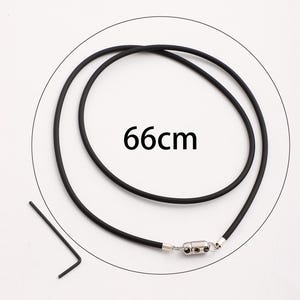 May include: Black rubber necklace with a silver magnetic clasp. The necklace is 66 inches long.