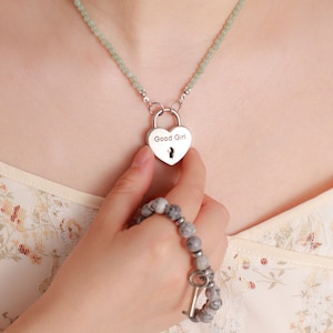 Permanent locking beaded choker dom sub jewelry, Engraved heart lock with mens beaded bracelet with key.
