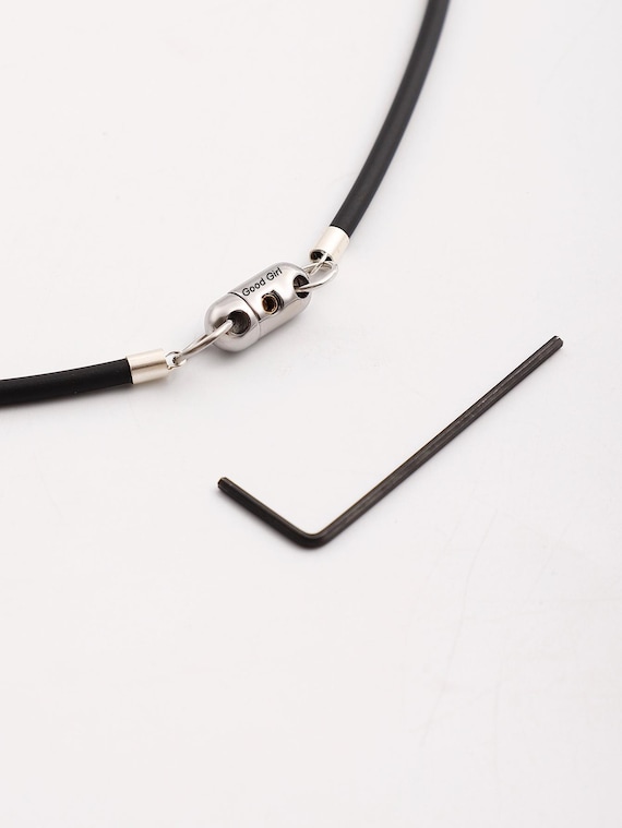 Good Girl Locking Permanent Hex Lock dom sub jewelry. Rubber Leather collar  Custom engraved hex lock dom sub gifts