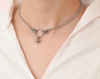 Locking day collar - O ring choker w/ little bell pendant, Discreet day collar as Dom sub Jewelry, 24/7 Permanent Gift with Locking Options
