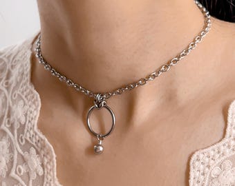 Locking day collar O ring choker with dainty little bell, Discreet day collar as Dom sub Jewelry, 24/7 Permanent Gift with Locking Options