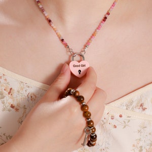 Good Girl Permanent locking collar dom sub jewelry, Engraved heart lock with couples beaded bracelet with key.