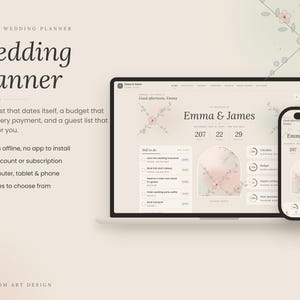 May include: A digital wedding planner displayed on a laptop and smartphone screen. The interface features the text Emma & James, a countdown timer, and task lists. The design includes soft beige tones and floral illustrations with the text Bloom Art Design.