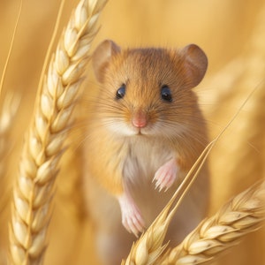 Harvest Mouse on Ears of Wheat, Golden Wheat, Tiny Mouse, Digtal, Digital Download. Cornfield, Wildlife