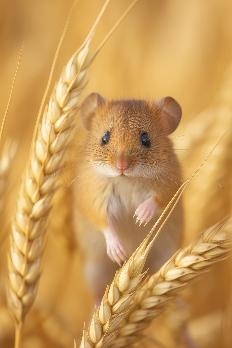 Harvest Mouse on Ears of Wheat, Golden Wheat, Tiny Mouse, Digtal
