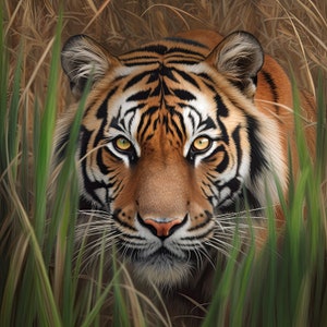 Könnte beinhalten: Nahaufnahme eines Tigergesichts, das durch hohes grünes Gras lugt. Der Tiger hat orange und schwarze Streifen und leuchtend gelbe Augen.