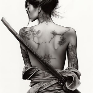 Samurai lady, woman, with tattoos, in black and white