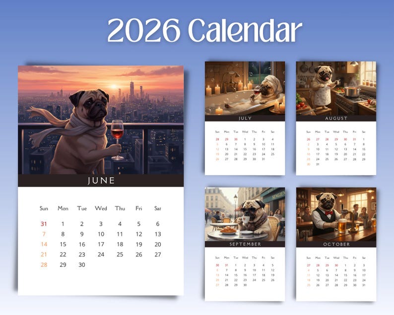 September Pug Pug Activities 2026 Calendar - Etsy