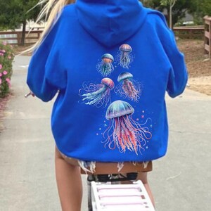 Retro Jellyfish Hoodie Coconut Girl Jellyfish Shirt Oceancore Jellyfish Print Sea Creatures Clothing Ocean Inspired Style Celestial Hoodie