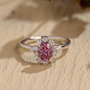 Solid Gold Oval Fancy Pink Lab-Grown Sapphire Engagement Ring • Floral Halo Moissanite Promise Ring • Proposal, Anniversary, Birthday Gift