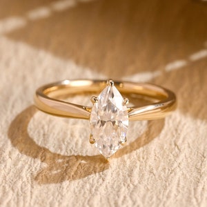Solid Gold Marquise Moissanite Engagement Ring, Cathedral Setting