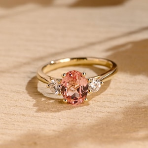 Solid Gold Oval Cut Pink Lab Grown Sapphire Engagement Ring, Pink Birthstone Ring, Promise Ring, Proposal Ring, Anniversary Gift for Woman