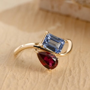 Solid Gold Toi et Moi Emerald Lab-Grown Sapphire & Pear Ruby Engagement Ring, Birthstone Ring