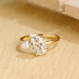 Toi et Moi Ring, Solid Gold Oval Cut Moissanite & Pearl Engagement Ring, Promise Ring, Anniversary, Birthday, Valentine’s Gift for Her