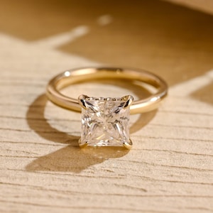 Solid Gold Princess Cut Moissanite Engagement Ring, Hidden Halo Proposal Ring, Promise Ring, Bridal Ring/Anniversary/Birthday Gift for Woman
