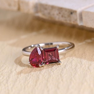Solid Gold Pear Cut Ruby & Princess Cut Garnet Engagement Ring, Toi et Moi Wedding Ring, Valentine's Day/ Gift for Her