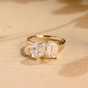 Solid Gold Pear & Emerald Cut Moissanite Engagement Ring, Toi et Moi Proposal /Promise Ring, Valentine's Day/Anniversary Gift for Woman, Her