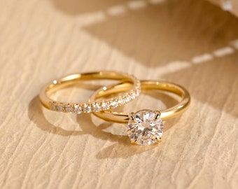 Solid Gold Solitaire Round Cut Moissanite Engagement Ring Set, Minimalist Bridal Set, Promise Anniversary Gift/ Birthday Gift for Woman, Her