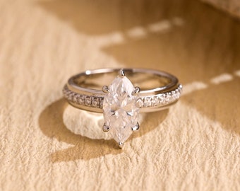 Solid Gold 4mm Width Thick Band, Marquise Moissanite Engagement Ring, Chic Eternity Pave Proposal Ring, Promise Ring, Birthday Gift for Her