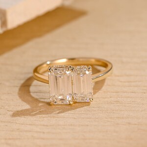 Toi et Moi Ring Solid Gold Elongated Emerald Moissanite Engagement Ring, Hidden Halo Proposal Ring, Anniversary/ Birthday Gift for Women