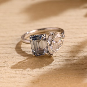 Toi et Moi Solid Gold Emerald Cut Light Blue Sapphire & Pear Moissanite Engagement Ring, Proposal Ring, Valentine&#39;s Day/ Birthday Gift