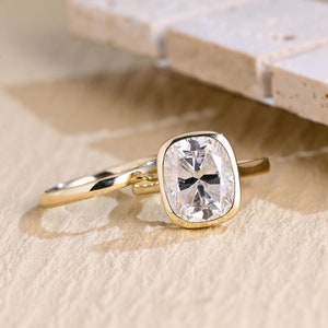 Solid Gold Elongated Cushion Moissanite Engagement Ring Set, Bezel Dainty Bridal Sets, Anniversary Gift/ Birthday Gift for Her, Women, Wife