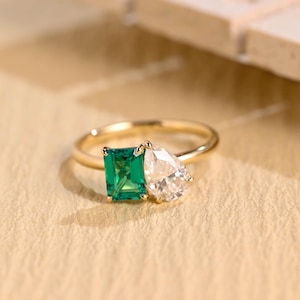 IGI Verified Toi et Moi Solid Gold Lab Grown Emerald & Pear Lab Grown Diamond Engagement Ring, D/ VS1 Diamond Double Stone Proposal Ring