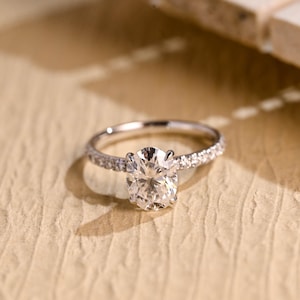 Solid Gold Oval Moissanite Engagement Ring – Dainty Half Eternity Ring, Classic Promise Ring for Her, Anniversary or Valentine’s Day Gift