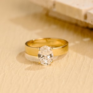 Solid Gold Oval Cut Moissanite Engagement Ring, 4mm Wide Band Promise Ring, Anniversary, Birthday, Valentine’s Gift for Her, Women, Wife