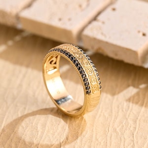 Solid Gold Vintage Filigree Black Moissanite Wedding Band, 6mm Width Milgrain Ring, Antique loral Art Deco Band, Anniversary Gift for Man