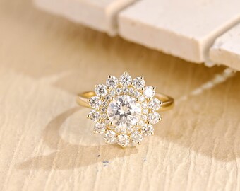 Solid Gold Round Moissanite Engagement Ring, Halo Promise Ring, Art Deco Proposal Ring, Valentine’s, Anniversary, Birthday Gift for Her