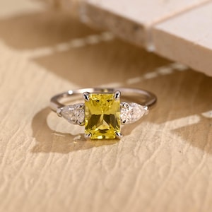 Solid Gold Radiant Cut Yellow Lab Grown Sapphire Engagement Ring, Three Stones Ring, Anniversary/ Birthday Gift for Woman, Her, Wife