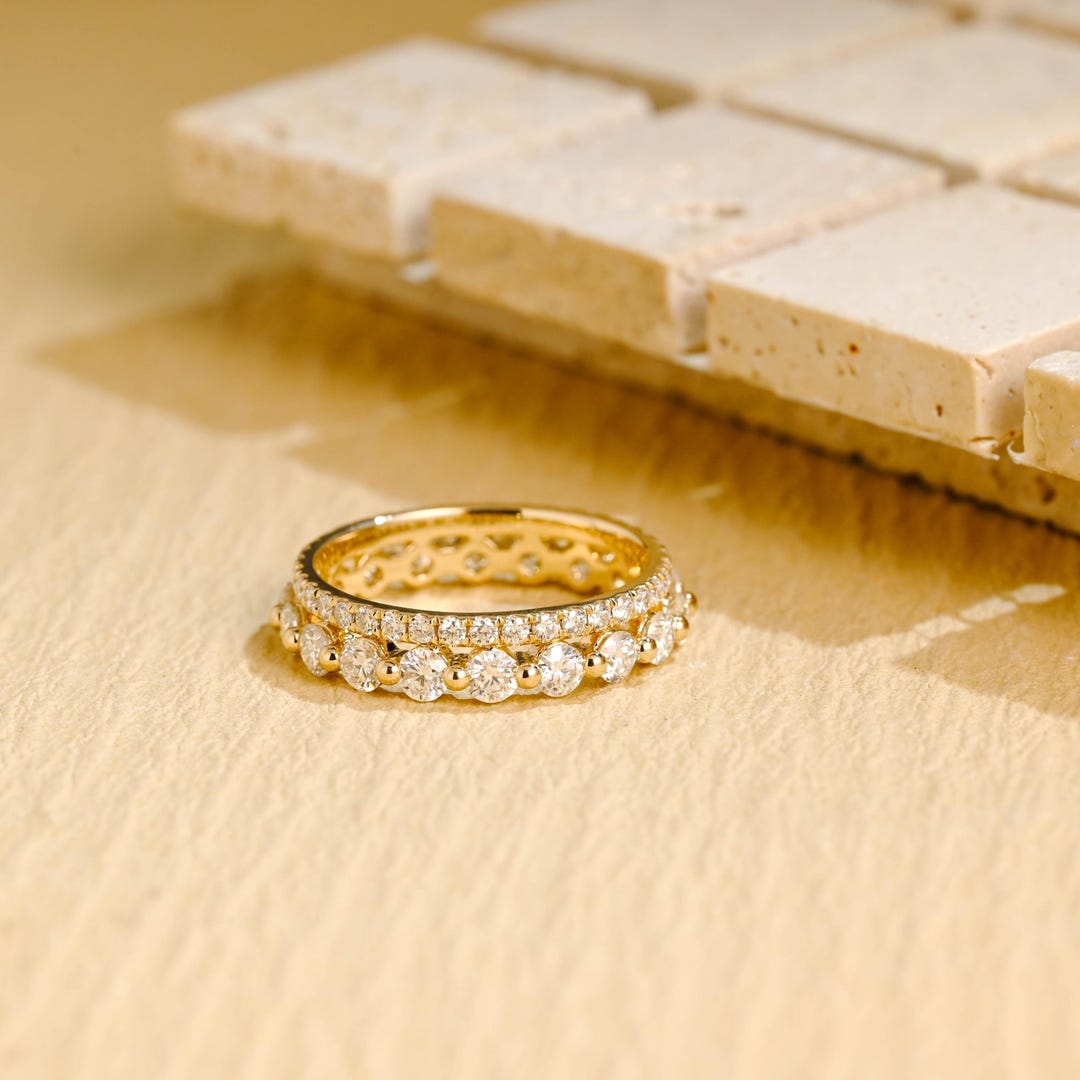 Solid Gold Round Cut Moissanite Wedding Band, Full Eternity Vintage ...