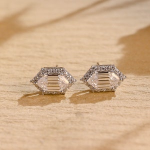 Solid Gold Halo Hexagon Moissanite Stud Earrings,  Art Deco Unique Earring Stud, Anniversary/ Birthday Gift for Girlfriend, Women, Her, Wife