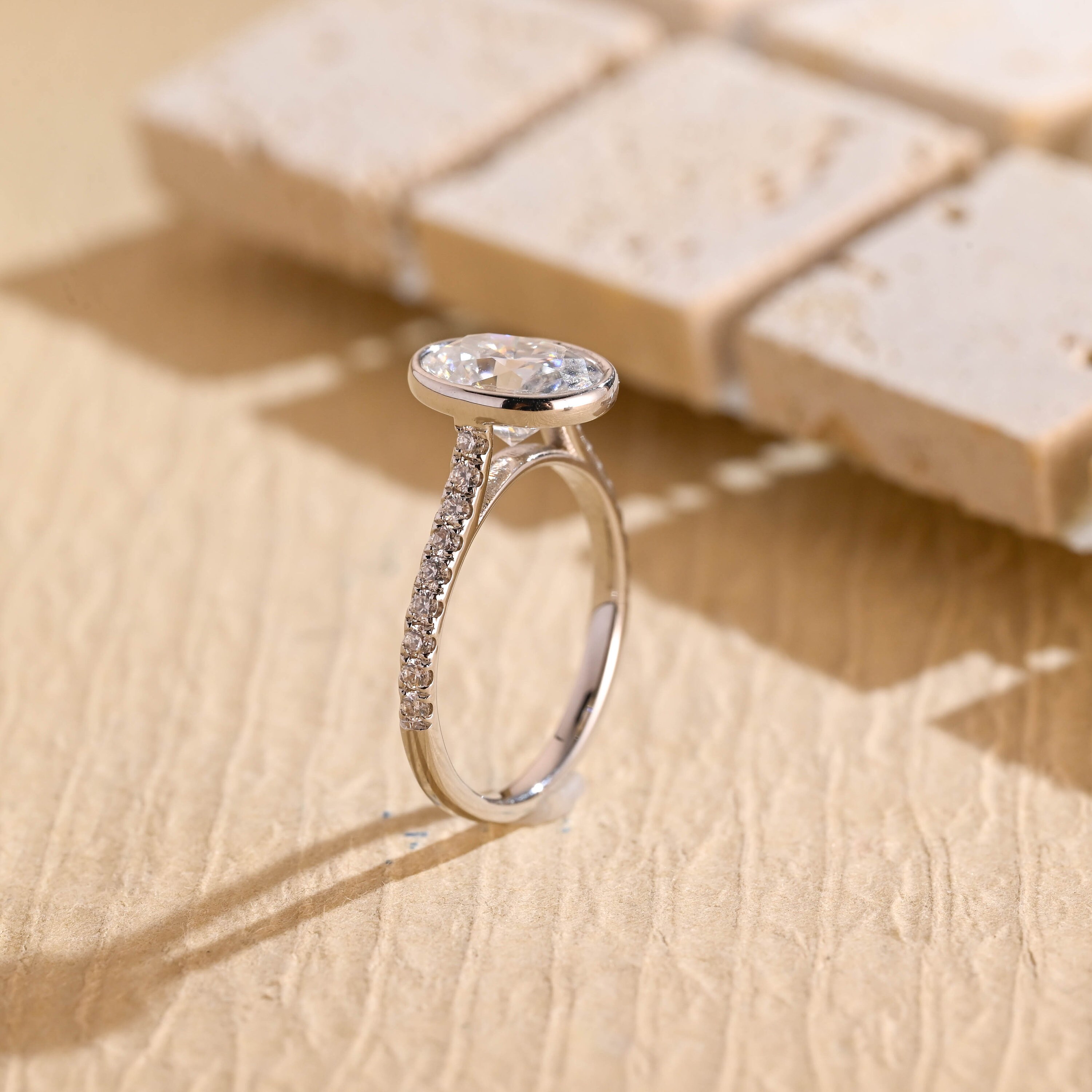 Solid Gold Oval Cut Moissanite Engagement Ring, Bezel Half Pave Ring - Etsy