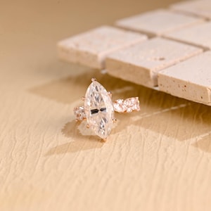Solid Gold Marquise Moissanite Engagement Ring, Wedding Ring with Hidden Halo & Pave, Bridal Ring, Anniversary/Birthday Gift for Her