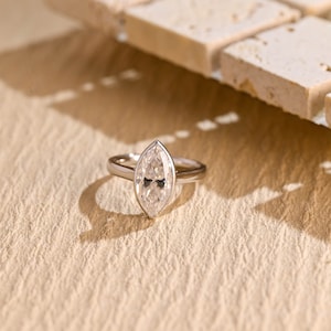 Solid Gold Marquise Cut Moissanite Engagement Ring, Antique Solitaire Bezel Wedding Ring, Valentine&#39;s Day /Anniversary / Gift for Woman, Her