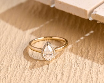 Solid Gold Pear Cut Moissanite Engagement Ring, Cathedral Shank Wedding Ring, Valentine&#39;s Day/ Anniversary/Birthday Gift for Woman,Wife, Her