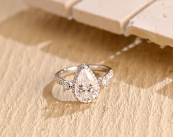 Solid Gold Pear Cut Moissanite Engagement Ring, Three Stones Wedding Ring With Pave, Valentine&#39;s Day/ Anniversary/ Birthday Gift for Woman