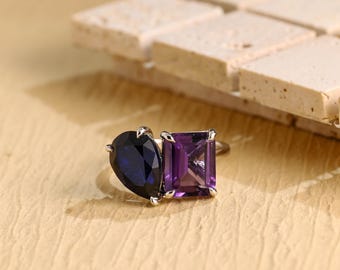 Solid Gold Toi et Moi Pear Lab Grown Sapphire & Emerald Cut Amethyst Engagement Ring, Birthstone Ring