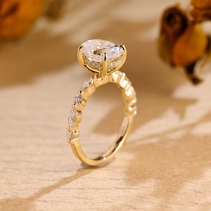 Solid Gold Oval Moissanite Engagement Ring • Hidden Halo Proposal Ring • Half Eternity Promise Ring • Valentine’s, Anniversary Gift for Her