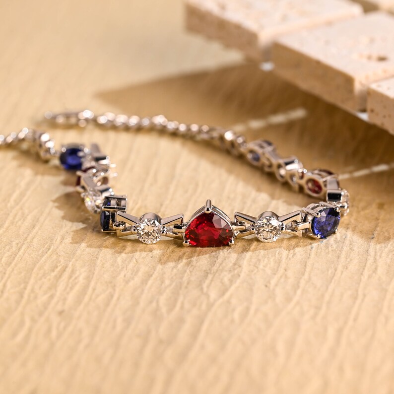 Solid Gold Bracelet, Round Moissanite & Heart Lab Grown Ruby, Oval Lab Grown Sapphire Bracelet/ Personalized Elegant Bracelet Gift For Women image 5