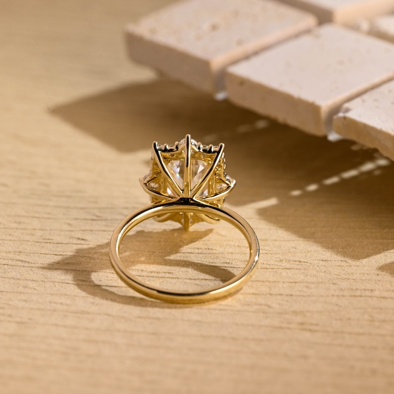 Solid Gold Emerald Cut Moissanite Engagement Ring, Vintage Wedding Ring With Flower, Unique Anniversary / Birthday Gift for Woman, Her, Wife image 6